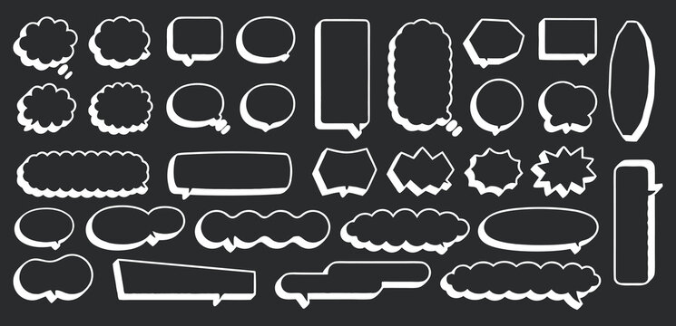 Hand drawn speech bubble collection with comic chat boxes and doodle dialogue shapes on dark background. Creative message frame set includes cloud balloons, thought bubbles and cartoon text containers