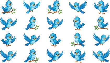 Cute Blue Bird Cartoon Collection Featuring Flying and Sitting Birds in Playful Vector Illustration Design for Children © MdShahin