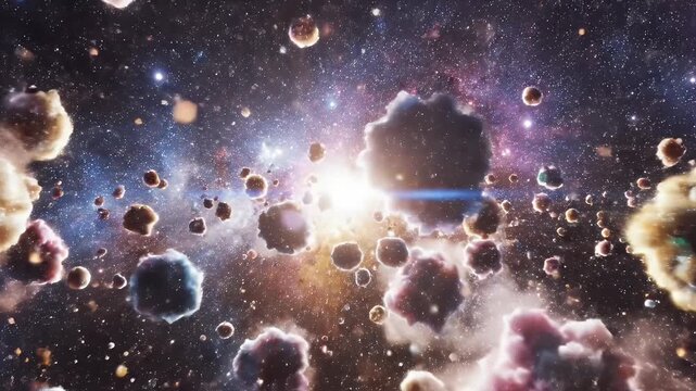 A vibrant cosmic scene depicts a nebula filled with swirling dust clouds and rocky debris against a backdrop of distant stars and galaxies.