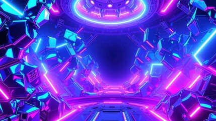 Fototapeta premium Futuristic tunnel, vibrant neon lights, geometric shapes create immersive space. Dark background emphasizes glowing structures.