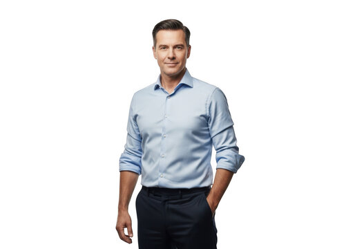 Smiling man in light blue shirt standing confidently