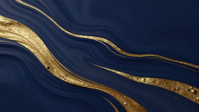 Abstract dark blue background with elegant golden wave patterns repeating.