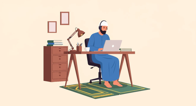 A bearded Muslim man in a blue thobe and kufi wearing headphones while working on a laptop at a wooden desk with a prayer mat on the floor in a home office vector illustration.