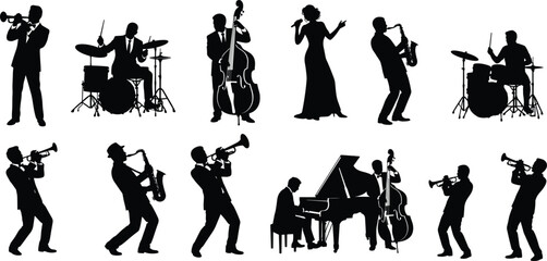 Jazz Band Silhouette Collection Featuring Musicians Playing Trumpet Saxophone Drums Piano and Double Bass in Dynamic Performance Poses © MdShahin