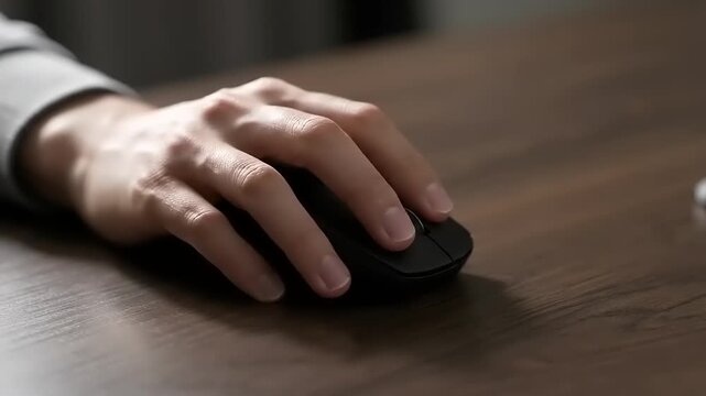 Close-up view of a hand using a computer mouse on a wooden desk.