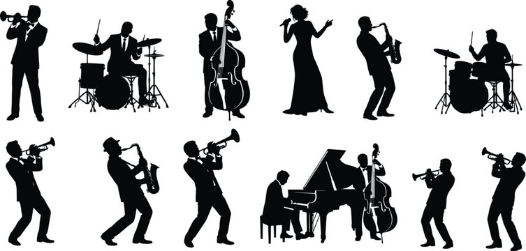 Jazz Band Silhouette Collection Featuring Musicians Playing Trumpet Saxophone Drums Piano and Double Bass in Dynamic Performance Poses