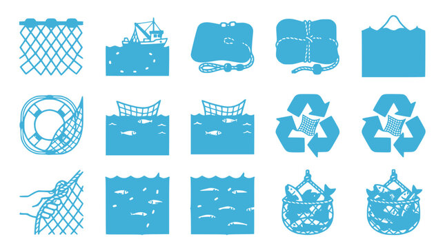 Fishing Icons Set: Nets, Boats, Fish, Lifebuoy, Recycling Symbols in Blue