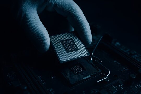 Technician wearing white gloves installing a high performance computer processor onto a motherboard in dark room
