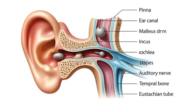 Detailed human ear anatomy cross section medical illustration showing auditory canal cochlea eardrum and inner ear structure