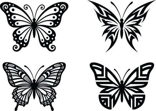 Stylized black butterfly designs with geometric, tribal, realistic, and decorative wing patterns arranged in creative 2x2 grid artwork
