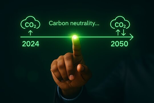 Businessman touching a glowing timeline interface representing the goal of achieving carbon neutrality by year 2050