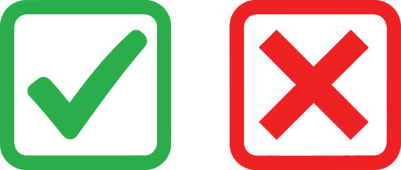 Fototapeta premium Green check mark and red cross mark icons in square boxes for survey or checklist design elements Vector
