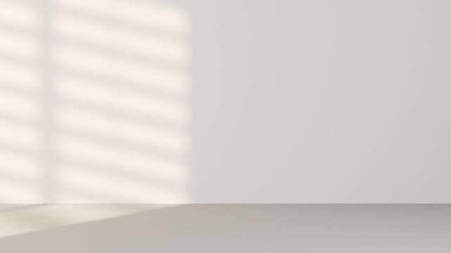 Minimal interior animation with opening blinds and soft sunlight shadows on white wall and floor. Modern empty room background with natural light, clean design and copy space.