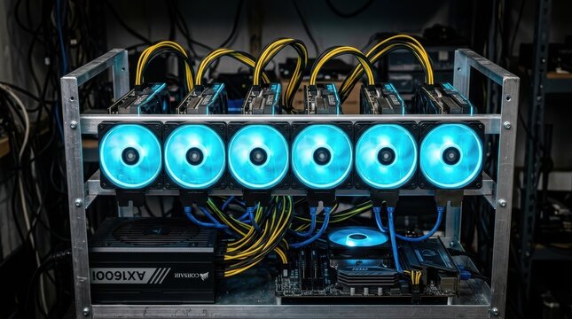 Professional cryptocurrency mining rig with multiple graphics cards and LED cooling fans