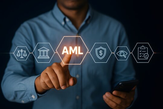 Financial expert touching a glowing aml icon on a digital interface to manage anti money laundering compliance