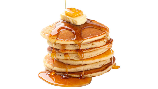 A delicious stack of hot homemade buttermilk pancakes topped with melting butter syrup isolated on transparent background