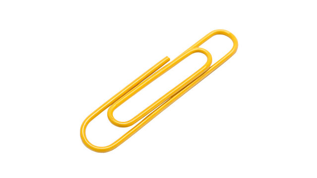 A simple yellow metallic paperclip office stationery tool for document organization isolated on transparent background