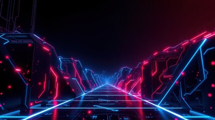 Fototapeta premium Neon cityscape extends into darkness. Bright lines form futuristic tunnel, glowing red, blue hues dominate scene. Perspective creates depth.