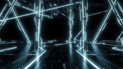 Fototapeta premium Futuristic interior. Bright neon lines create geometric patterns. Dark background emphasizes glowing structures, suggesting digital space.