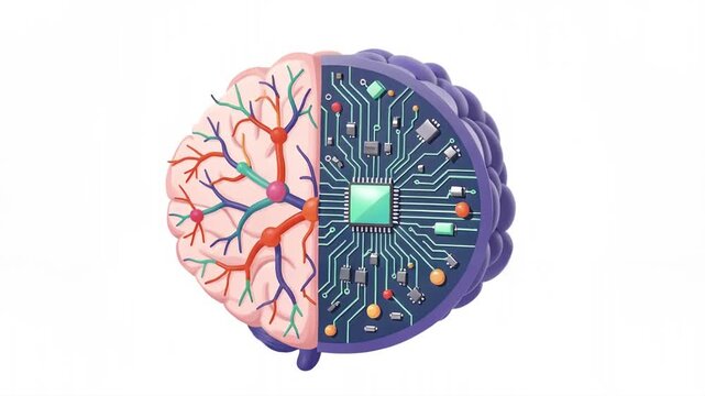 Artistic brain illustrations with neural networks and integrated circuits.