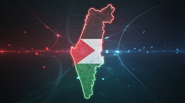 Digital map of فلسطين and Israel glowing with futuristic network and geopolitical concept background