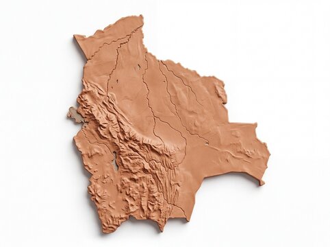 Topographic map of Bolivia sculpted from reddish clay showcasing andes mountain ranges.