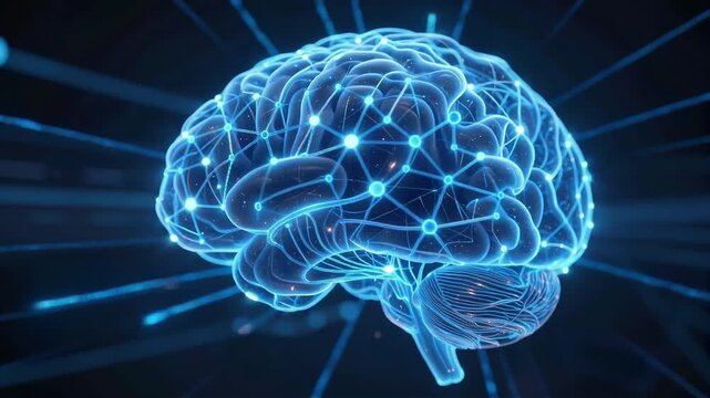 Glowing blue digital brains with neural connections emitting light rays.