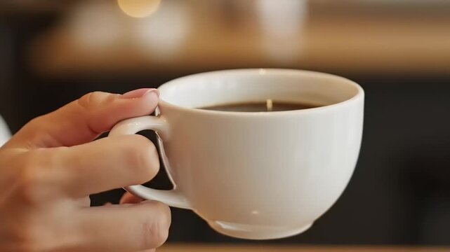 Close-up of a hand holding a white coffee cup with hot beverage.
