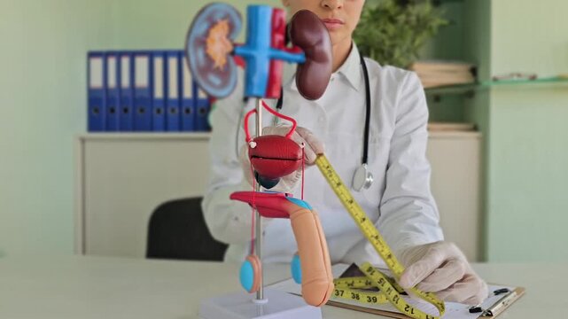Penis enlargement and girth increase. Urologist measures penis using measuring tape closeup. Man health examination of male genital organs