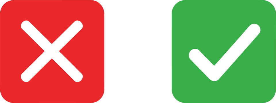 Red cross mark and green check mark icons set for business validation and survey choices in flat style design Vector