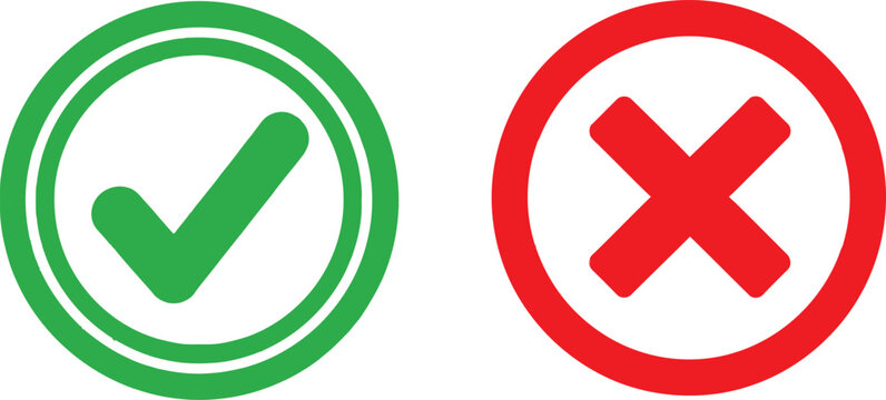 Green check mark and red cross sign icons for true or false choice and survey or checklist validation and rejection Vector