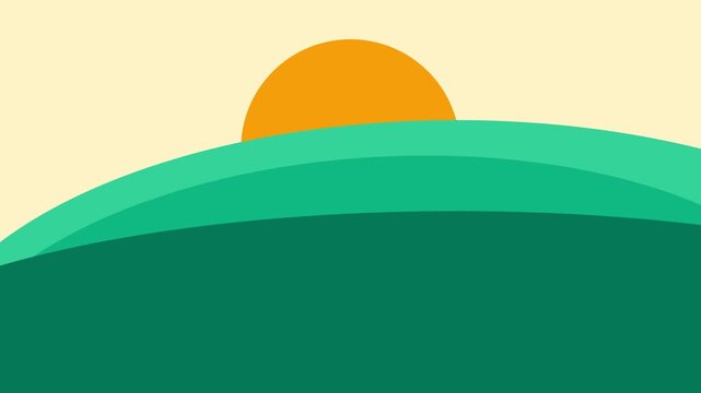 Minimalist vector illustration of a bright sun rising over green hills