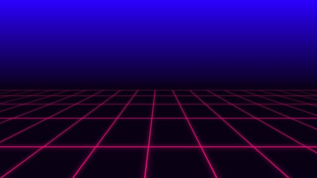 A neon pink grid perspective stretching into a deep blue gradient background