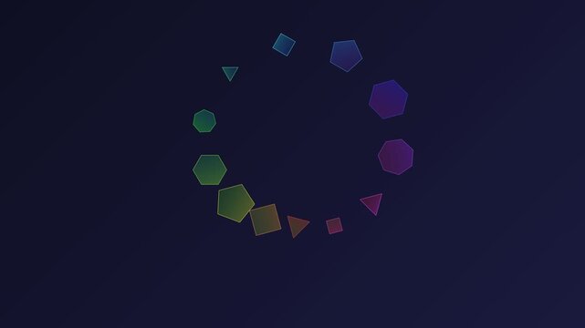 A circular arrangement of colorful geometric shapes on a dark background
