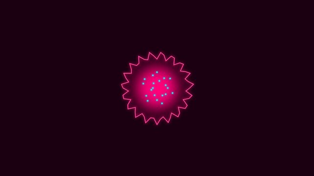 A vibrant glowing pink star shape with blue dots on a dark background