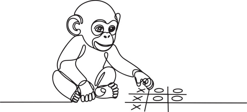 Sketch of baby chimpanzee playing tic tac toe Vector illustration. one line Icon drawing