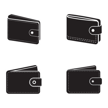 Four black leather wallets with white stitching and a snap closure on a white background
