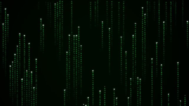 Digital green matrix code rain falling against a deep black background