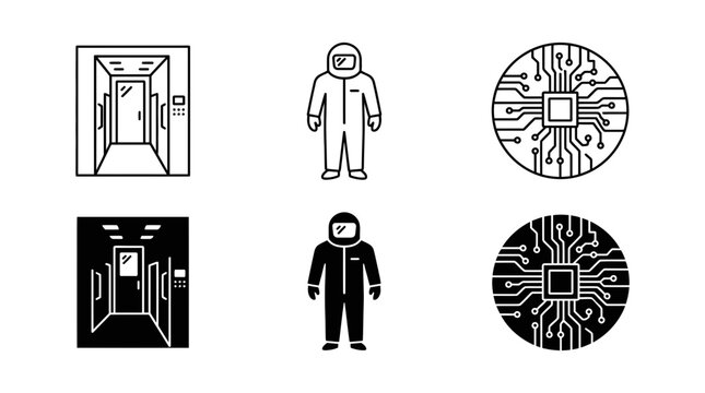 High-tech semiconductor manufacturing icons featuring clean room entrance hazmat suit microchip circuit
