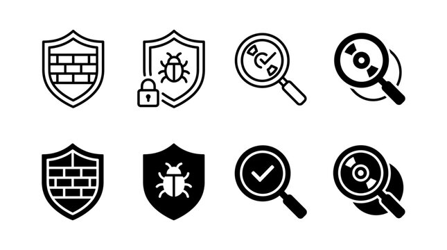 Cybersecurity icon set featuring firewall shield virus protection lock and magnifying glass scanner symbols