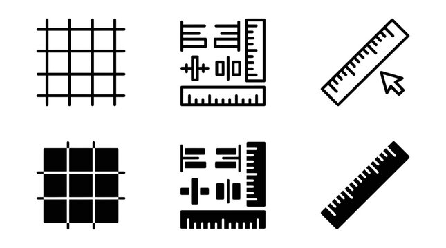 Graphic design measurement icon set with grid pattern alignment tools and precision ruler scale symbols