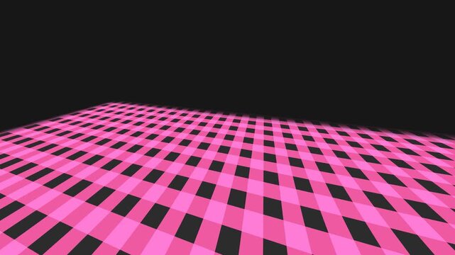 A perspective view of a pink and black checkered floor receding into shadow