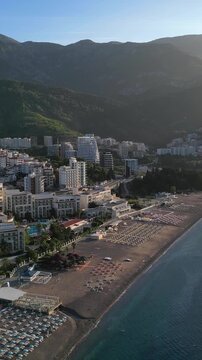 Aerial view of becici beach coastline near budva in montenegro