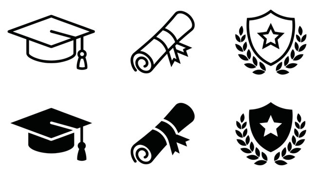 Educational achievement and graduation icon set featuring mortarboard cap, diploma scroll and award shield