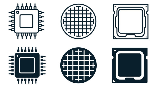 Semiconductor manufacturing icon set including microprocessor silicon wafer and cpu component with processor