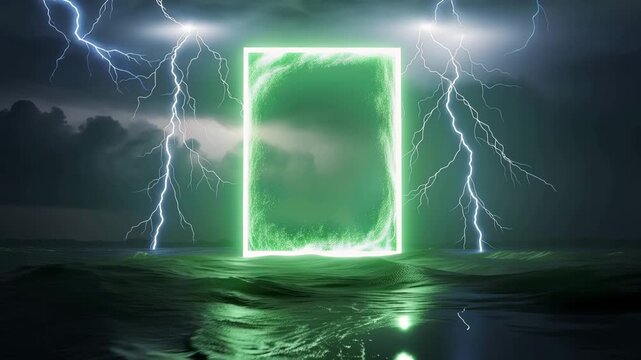 Epic lightning storm over dark ocean waves, dramatic weather nature scene, intense electrical storm in twilight sky