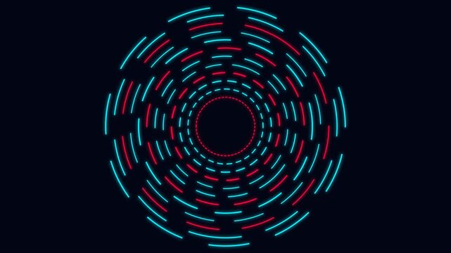 Abstract circular pattern with glowing red and blue neon light segments