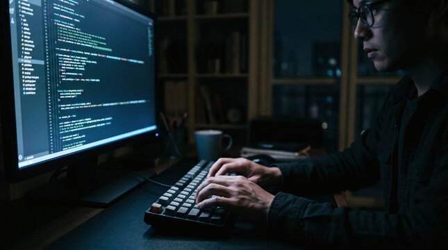 Programmer Coding in Dark Room at Night