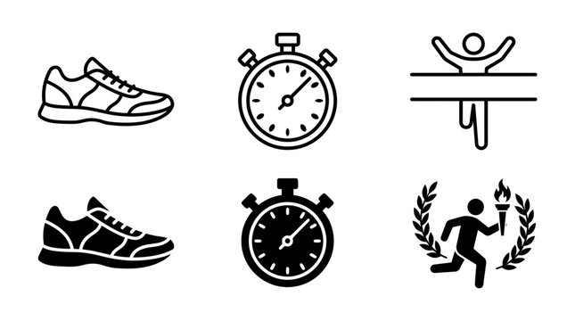 Athletics and fitness competition icons including running shoes stopwatch finish line and olympic torch runner