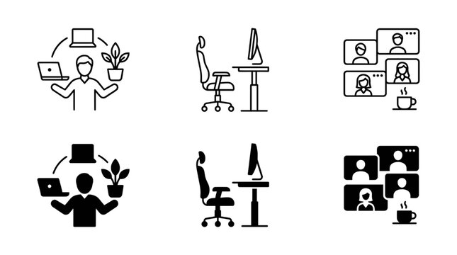 Remote work and conferencing icon set showing multitasking employee office desk and virtual meetings